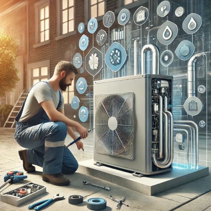 Heat Pump Installation and Removal Services in Spring Texas Technician working on modern HVAC system with digital icons. Tools are scattered around, showing the intricacies of heating and cooling maintenance. | Sky Rye Design Technician working on modern HVAC system with digital icons. Tools are scattered around, showing the intricacies of heating and cooling maintenance.