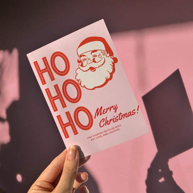 Festive Christmas card with Ho Ho Ho and Santa design, wishing Merry Christmas. Held against a pink wall. Joyful holiday cheer.