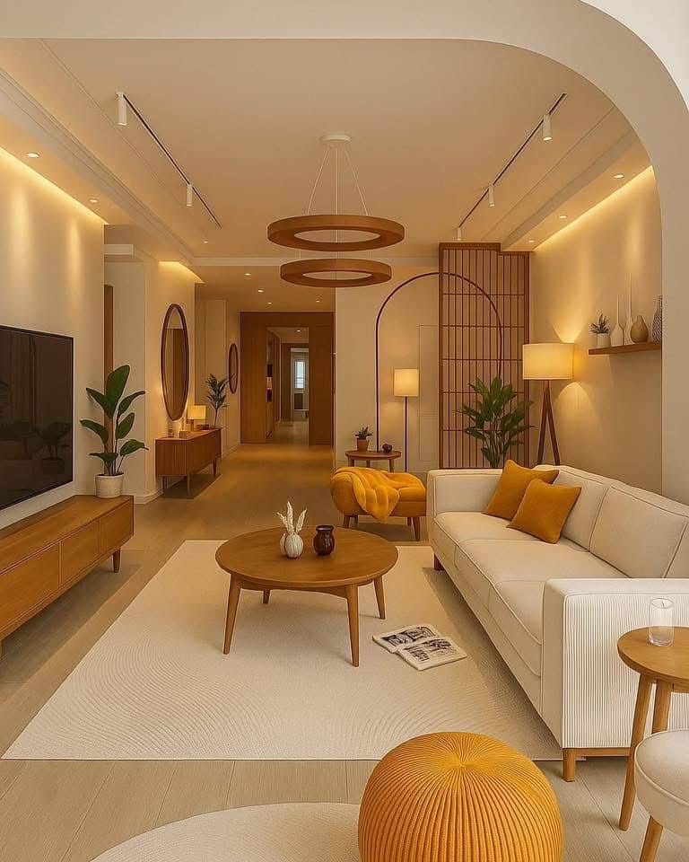 Modern living room with neutral tones, wooden furniture, and cozy lighting for a warm and inviting ambiance.