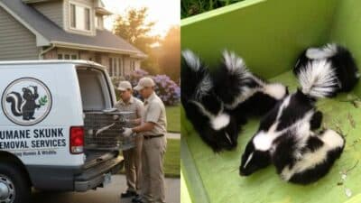 Two professionals handling skunk traps from a van labeled 'Humane Skunk Removal Services' with skunks in a container.