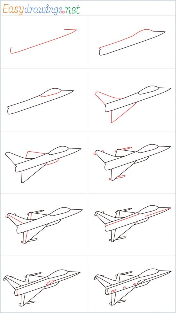 Step-by-step guide to draw a fighter jet with simple lines, perfect for beginners and art enthusiasts.