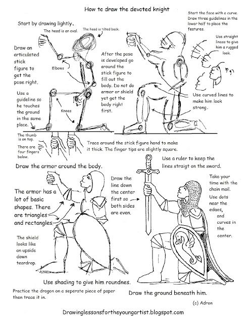How To Draw The Devoted Knight Worksheet and lesson Step-by-step guide to drawing a knight, detailing figure structure, armor design, and pose using lines and shapes for beginners. | Sky Rye Design Step-by-step guide to drawing a knight, detailing figure structure, armor design, and pose using lines and shapes for beginners.