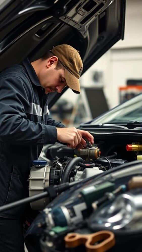 How To Fix Lifter Ticking Noise Mechanic in cap and uniform repairing a car engine in a garage workshop. | Sky Rye Design Mechanic in cap and uniform repairing a car engine in a garage workshop.