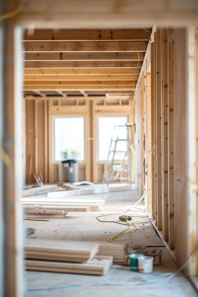 Interior construction site with wooden framing, tools, and ladder, showcasing ongoing building and renovation work.
