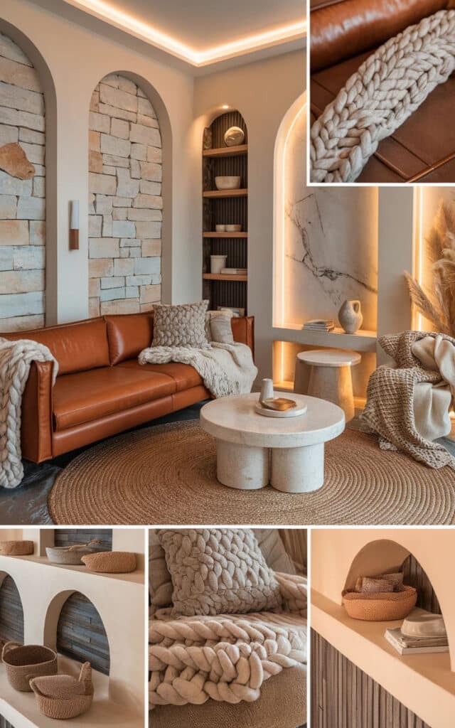 Cozy living room with leather sofa, stone walls, and warm lighting. Features chunky knit throw, pillows, and rustic decor elements.