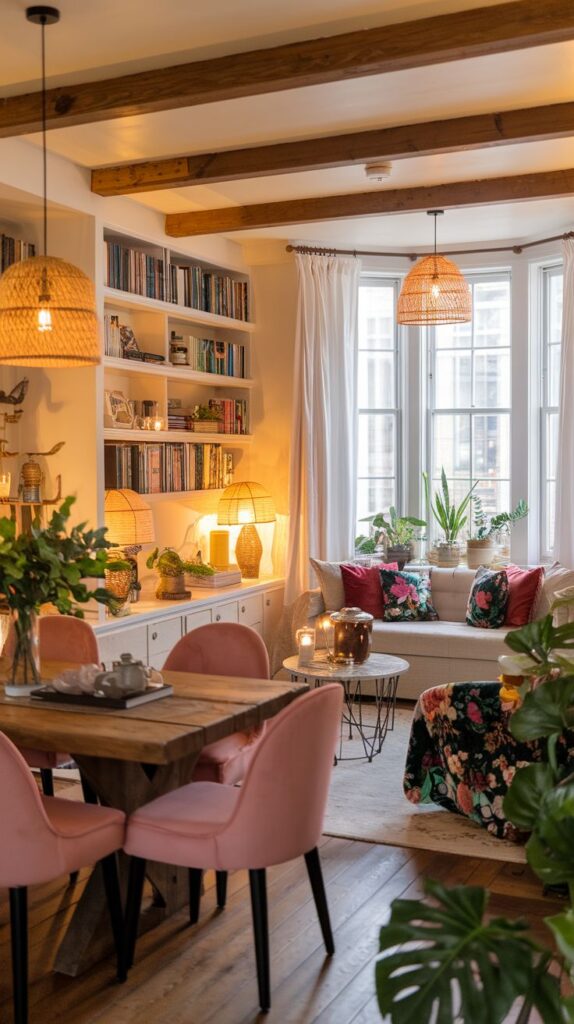 Cozy living room with wooden beams, pink chairs, floral cushions, and bookshelves, illuminated by warm lamps and natural light.