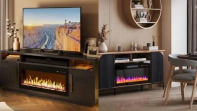 Modern living room with sleek TV stands featuring built-in electric fireplaces, wooden shelves, and stylish decor elements.