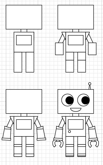 Four step-by-step sketches of a robot drawn on graph paper, evolving from basic shapes to a detailed smiling robot with big eyes.