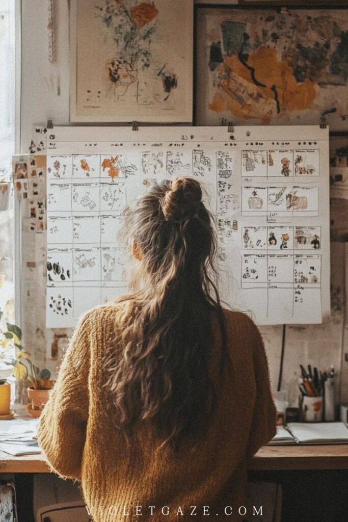 Young artist sketches storyboards on a wall, surrounded by art supplies in a cozy studio filled with warm, natural light.