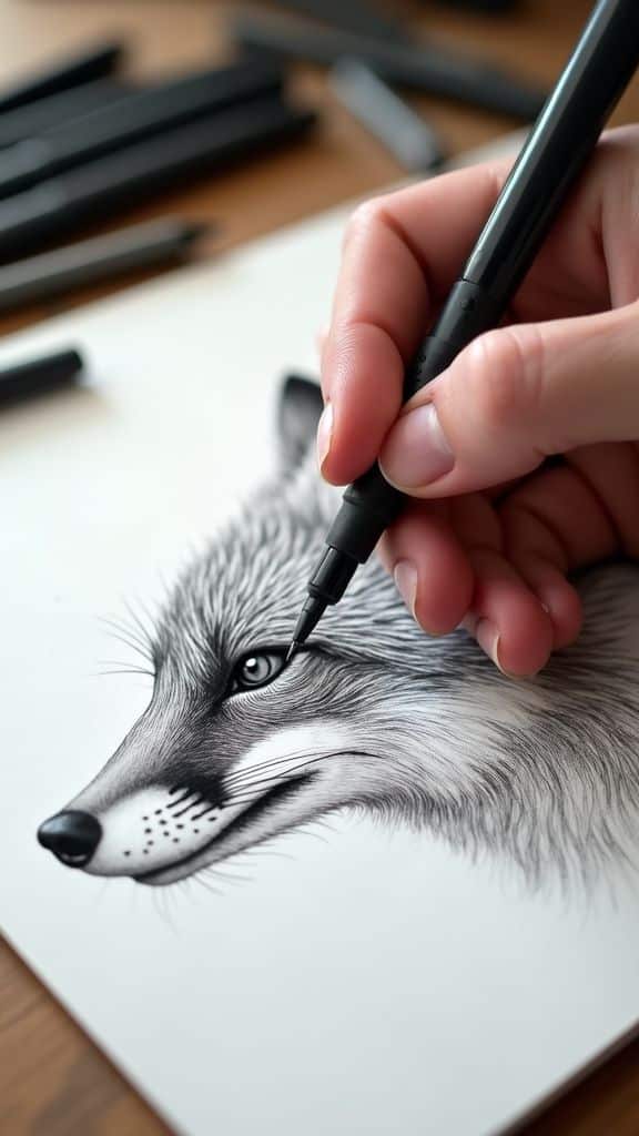 Artist sketching a detailed fox illustration with a black pen, surrounded by art supplies on a wooden table.
