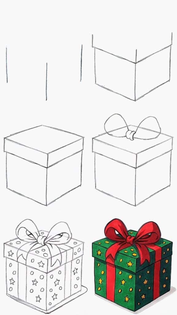 Step-by-step guide on drawing and coloring a gift box with stars and bow. Perfect for Christmas or holiday art.