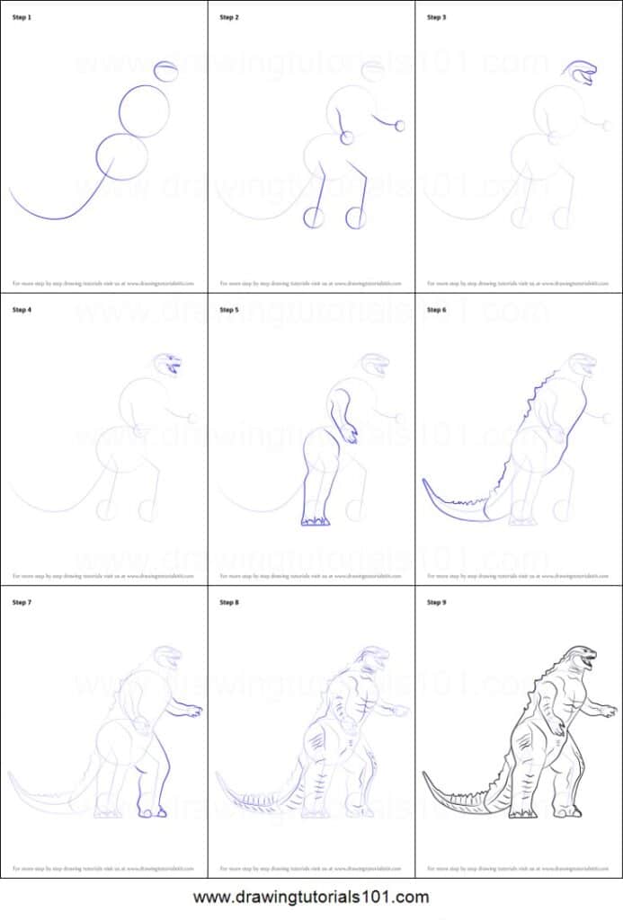 How to Draw a Godzilla Godzilla Step by Step Step-by-step guide to drawing a dinosaur, from basic shapes to detailed illustration, in 9 steps. Perfect for beginner artists. | Sky Rye Design Step-by-step guide to drawing a dinosaur, from basic shapes to detailed illustration, in 9 steps. Perfect for beginner artists.