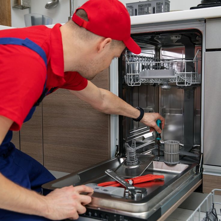 Technician repairing dishwasher with tools in modern kitchen.