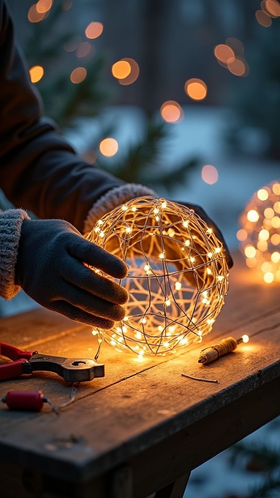 How to Make Outdoor Christmas Decorations DIY_ Person assembling decorative glowing light sphere on a wooden table, surrounded by tools and festive bokeh lights. | Sky Rye Design Person assembling decorative glowing light sphere on a wooden table, surrounded by tools and festive bokeh lights.