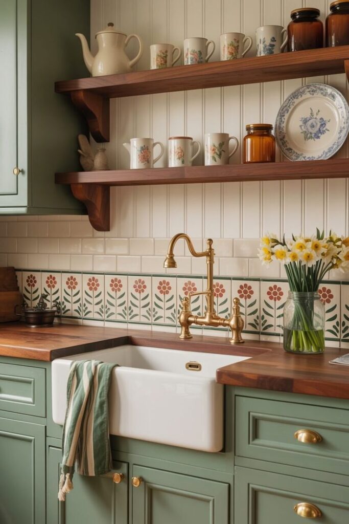 Vintage kitchen with green cabinets, floral tiles, brass faucet, and wooden shelves holding mugs and a plate. Daffodils in jar.