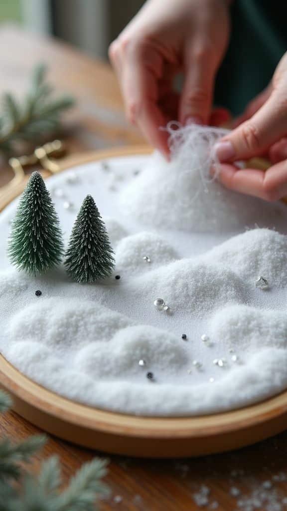 Hands arranging a snowy miniature landscape with tiny trees and sparkling decorations on a wooden frame. Cozy winter craft scene.