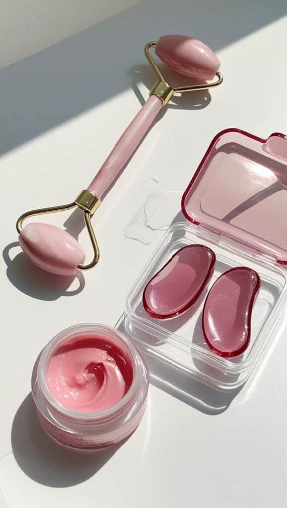 Pink skincare set with a face roller, gel patches, and cream on a white background, perfect for revitalizing beauty routines.