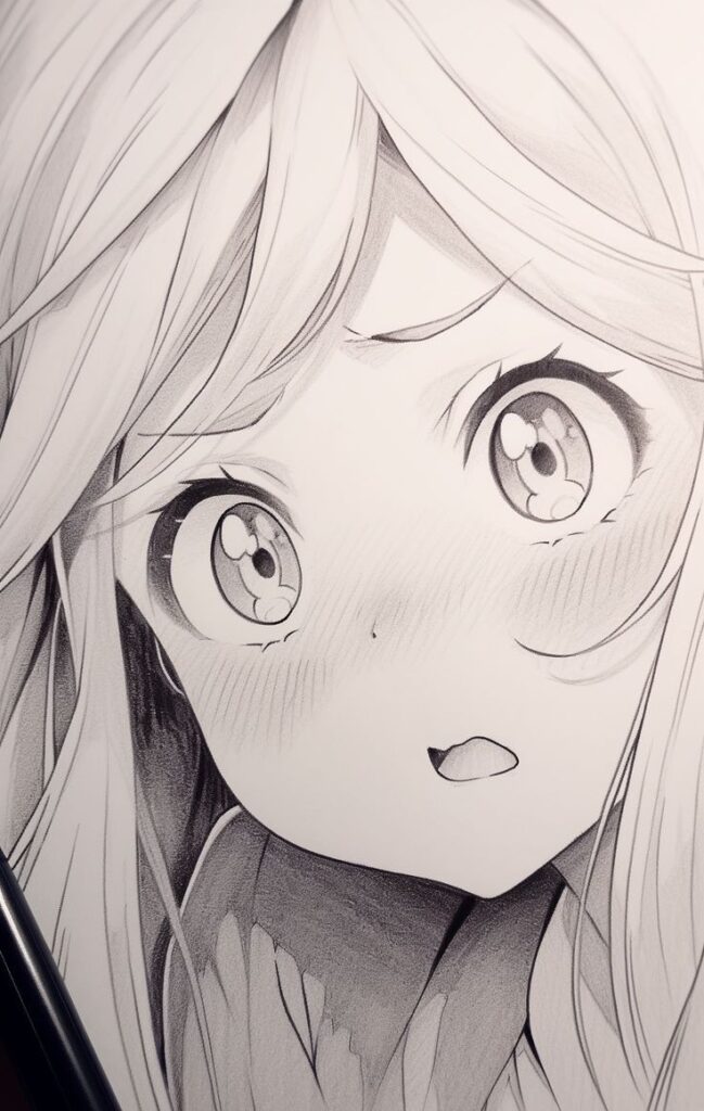 Black and white anime drawing of a surprised girl with long hair and large expressive eyes.