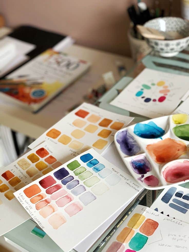 How to Watercolor Paint for Beginners Nicki Traikos _ life i design _ Art studio desk with watercolor swatches, palettes, and a watercolor guidebook, showcasing a variety of colorful paint samples. | Sky Rye Design Art studio desk with watercolor swatches, palettes, and a watercolor guidebook, showcasing a variety of colorful paint samples.