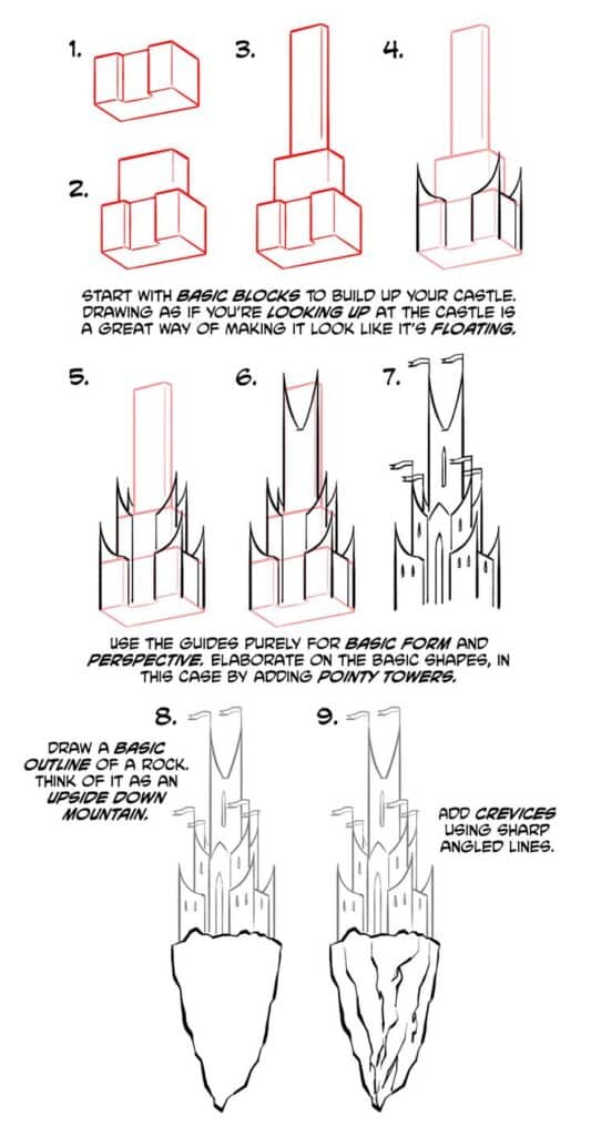 How to draw environments Archives - The Phoenix comic Step-by-step guide to drawing a floating castle using basic shapes and lines for perspective, including towers and rock foundation. | Sky Rye Design Step-by-step guide to drawing a floating castle using basic shapes and lines for perspective, including towers and rock foundation.