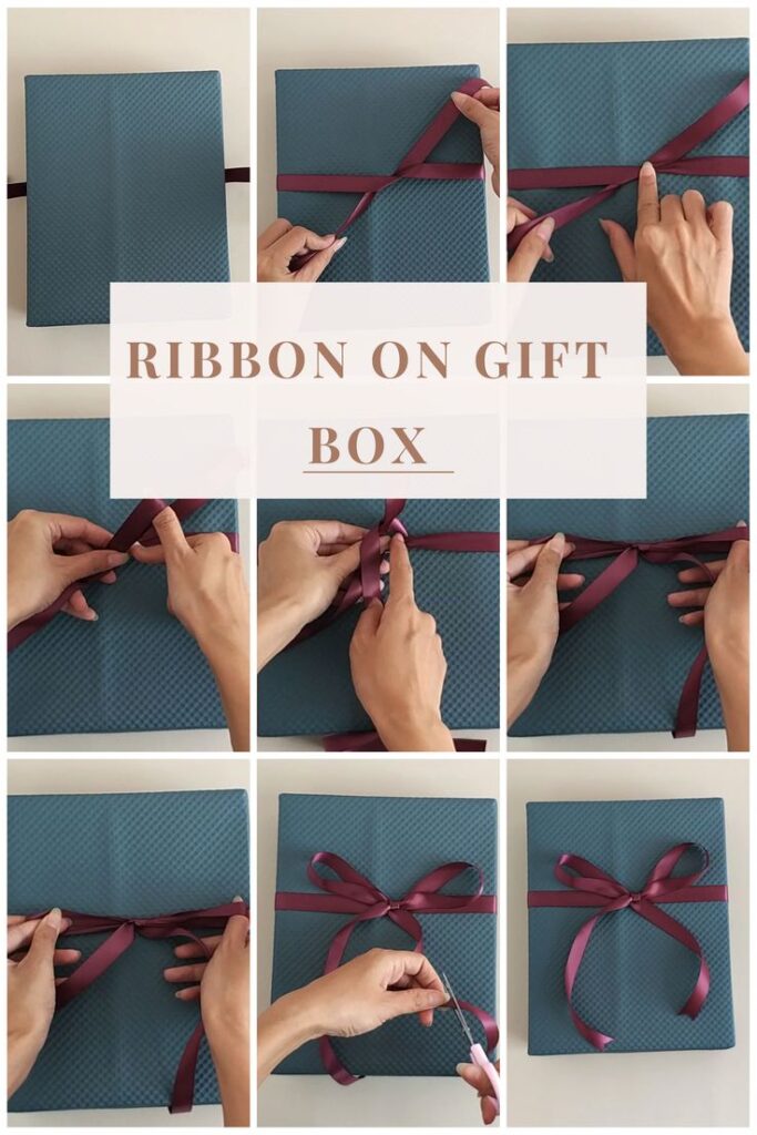 How to tie a ribbon bow on a gift box _ how to make ribbon for gift wrapping Step-by-step guide to tying a burgundy ribbon on a gift box, creating a bow on a textured blue wrapping. Perfect for gift wrapping tutorials. | Sky Rye Design Step-by-step guide to tying a burgundy ribbon on a gift box, creating a bow on a textured blue wrapping. Perfect for gift wrapping tutorials.