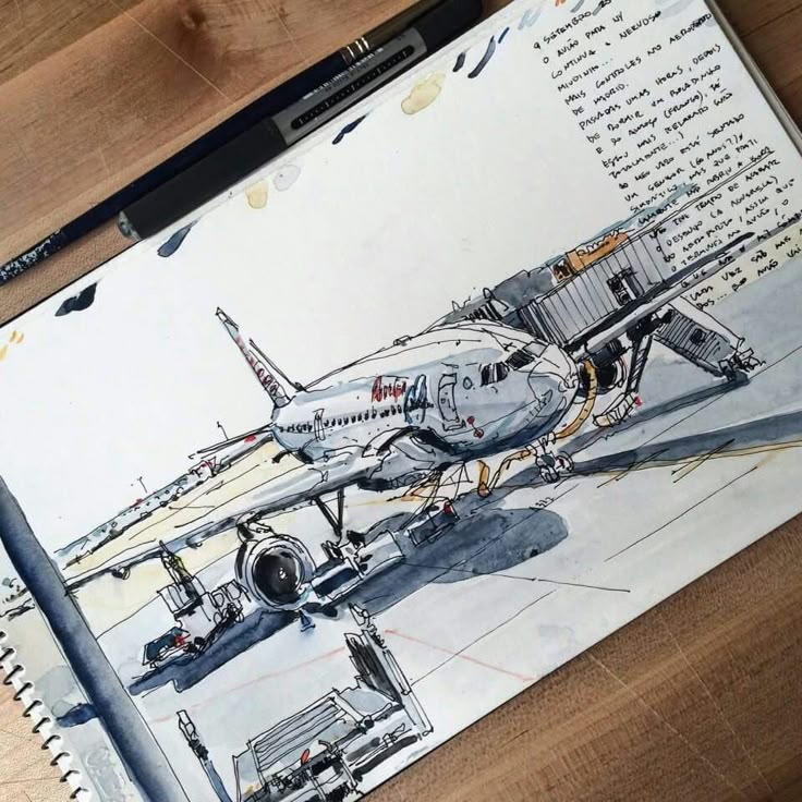 Hand-drawn sketch of a parked airplane at an airport gate with detailed notes, showcasing artistic travel documentation.