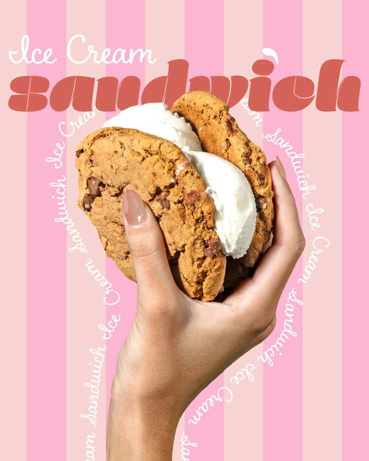 Hand holding a delicious ice cream sandwich with chocolate chip cookies, set against a pink striped background with text Ice Cream Sandwich.