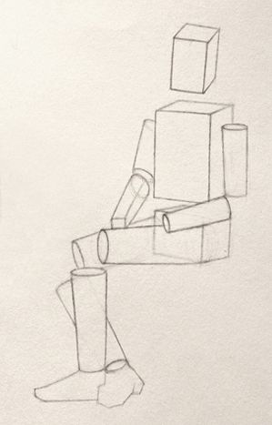 Simple sketch of a geometric figure sitting, using basic shapes like cubes and cylinders to outline the form on a textured paper background.