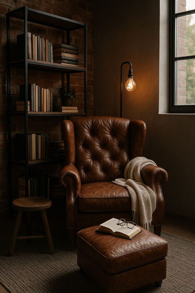 Cozy reading nook with leather chair, ottoman, books, and soft lighting by a window. Warm, inviting, and perfect for book lovers.