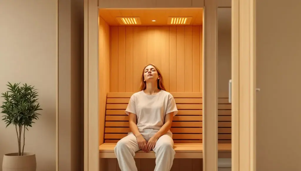 Person relaxing in a modern infrared sauna with wood paneling, promoting wellness and relaxation.