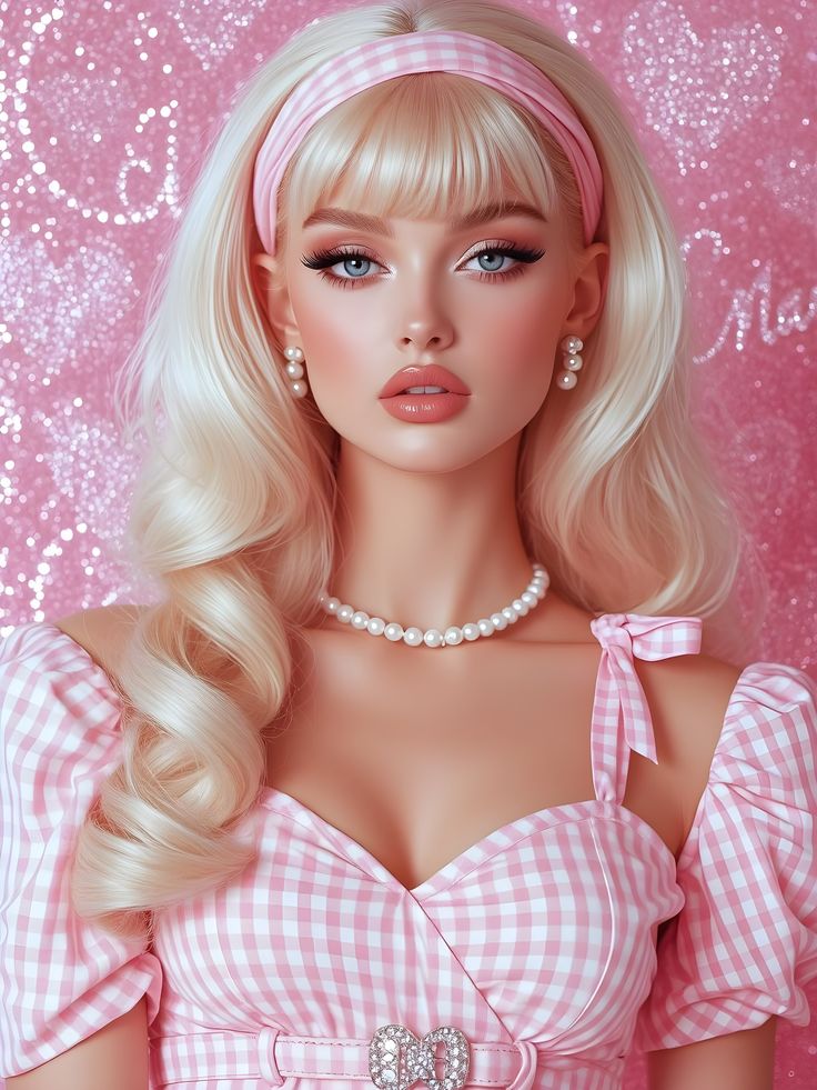 Blonde woman in a pink gingham dress with pearls poses against a glittery pink background, embodying a classic, elegant style.