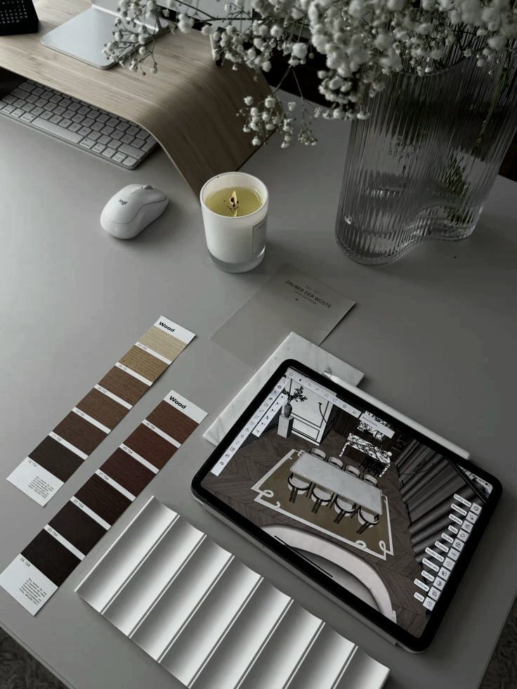 Tablet with interior design software, surrounded by wood samples, candle, and flowers on modern workspace desk.