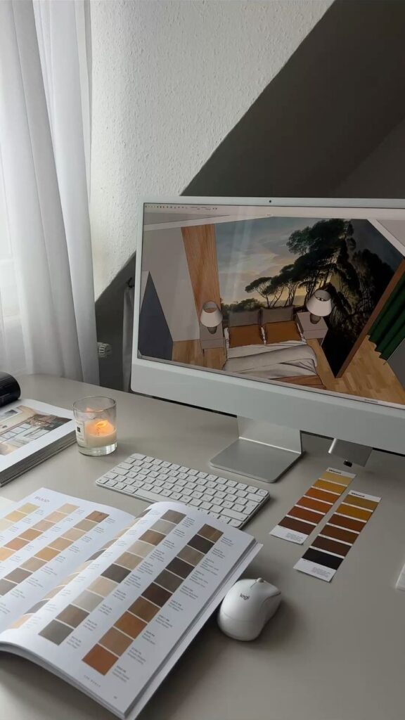Modern workspace with computer displaying interior design, color swatches, and open book on desk, ideal for creative projects.