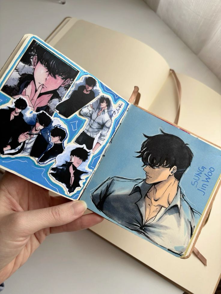 JinWoo Open sketchbook featuring anime character drawings, illustrating various dynamic poses and expressions. | Sky Rye Design Open sketchbook featuring anime character drawings, illustrating various dynamic poses and expressions.