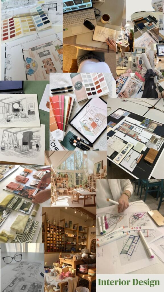 Collage of interior design sketches, color swatches, and creative studio spaces, showcasing vibrant design concepts and planning tools.