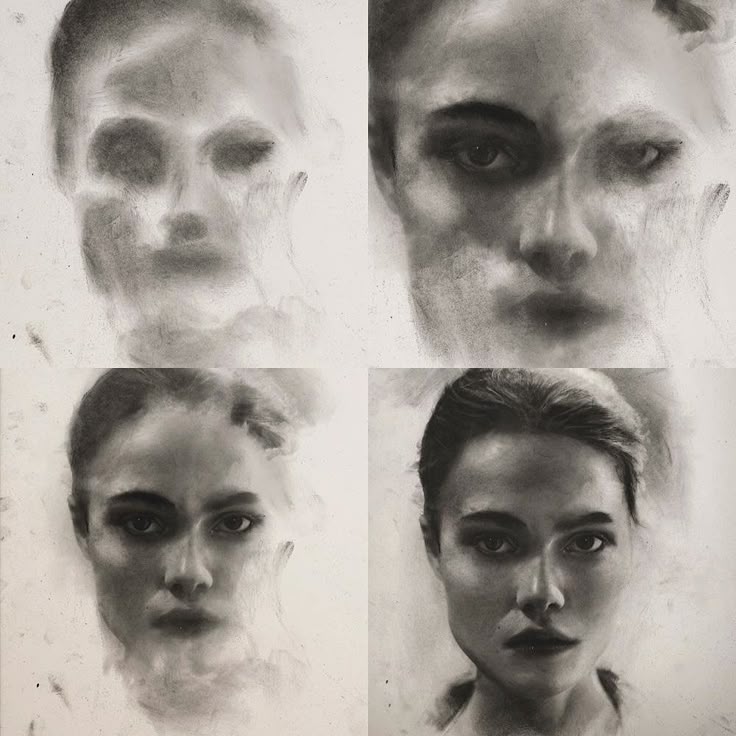Progression of a female portrait sketch from abstract blur to detailed realism, showcasing art development in four stages.