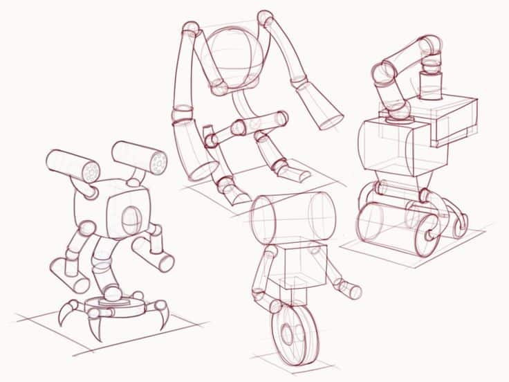 Sketch of four unique robot designs showcasing various mechanical structures and features, illustrating creative robotic concepts.