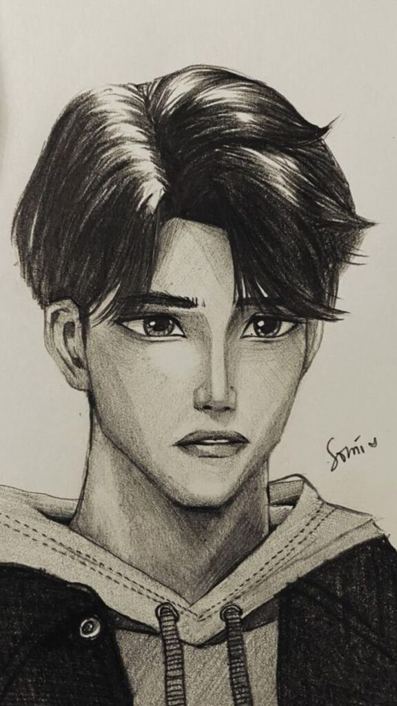 Jynu Pencil sketch of a young man with detailed hair and eyes, wearing a hoodie and jacket. | Sky Rye Design Pencil sketch of a young man with detailed hair and eyes, wearing a hoodie and jacket.