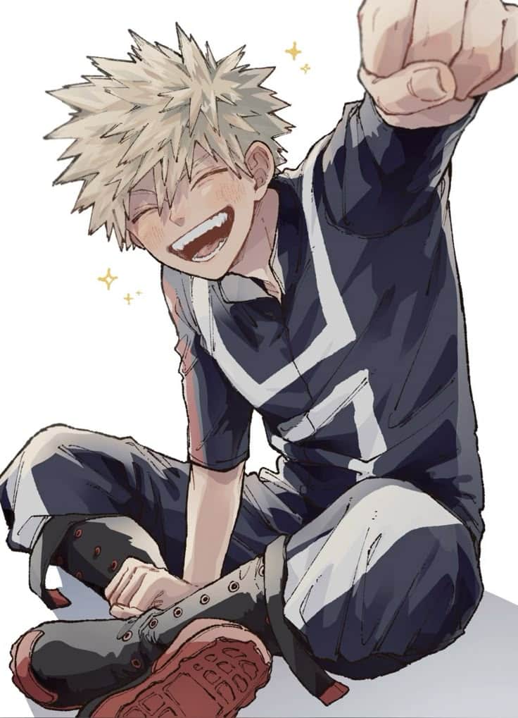 Katsuki 🧡 Anime character with spiky blond hair and superhero outfit, laughing joyfully and pointing forward. Vibrant expression and dynamic pose. | Sky Rye Design Anime character with spiky blond hair and superhero outfit, laughing joyfully and pointing forward. Vibrant expression and dynamic pose.