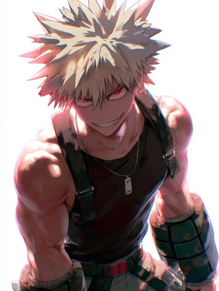 Dynamic anime character with spiky hair and intense gaze, wearing a black tank top and combat gear, exuding a powerful presence.