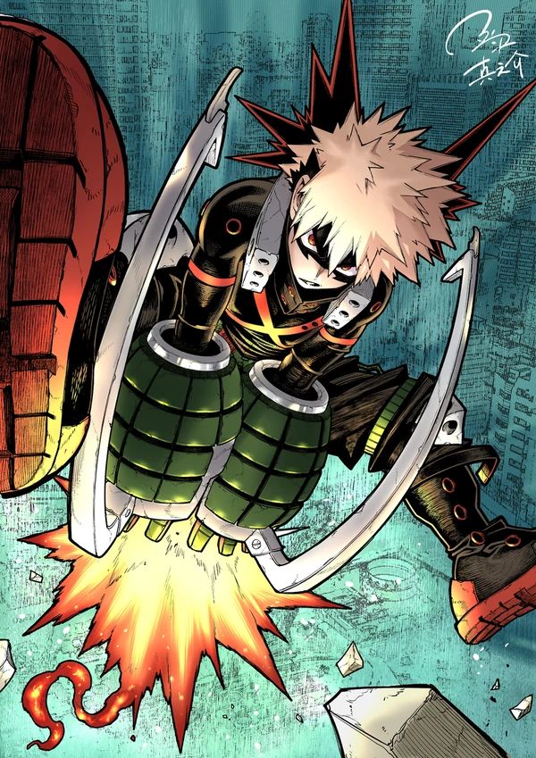 Anime character launching an explosive attack, wearing a detailed costume with striking colors and a fierce expression against a textured background.