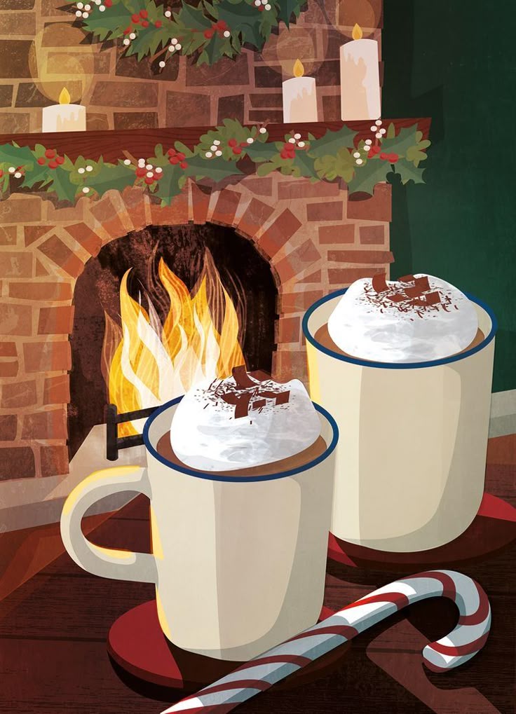 Kerry Hyndman Cozy scene with hot cocoa in mugs by a fireplace, adorned with holiday garland and candles, with a candy cane on the table. | Sky Rye Design Cozy scene with hot cocoa in mugs by a fireplace, adorned with holiday garland and candles, with a candy cane on the table.