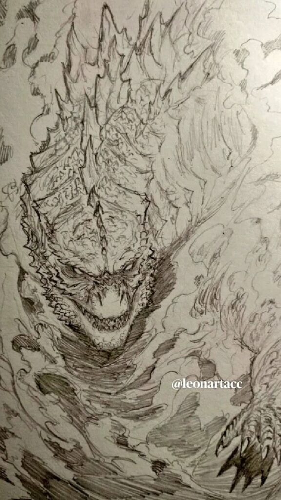 Kingship Detailed sketch of a menacing dragon-like creature emerging from swirling clouds with sharp features and intricate scales. | Sky Rye Design Detailed sketch of a menacing dragon-like creature emerging from swirling clouds with sharp features and intricate scales.