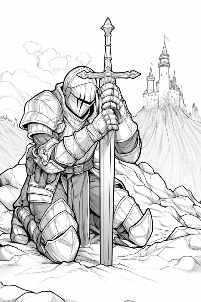 Knight Giving Thanks FREE Coloring Page A Moment of Gratitude After Battle Illustration of a knight in armor kneeling with a sword, castle in the background. Medieval fantasy theme, line art style. | Sky Rye Design Illustration of a knight in armor kneeling with a sword, castle in the background. Medieval fantasy theme, line art style.