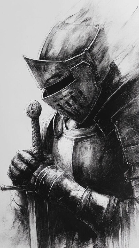 Knights templar Sketch of a medieval knight in full armor, holding a sword with a calm stance. Black and white artistic illustration. | Sky Rye Design Sketch of a medieval knight in full armor, holding a sword with a calm stance. Black and white artistic illustration.