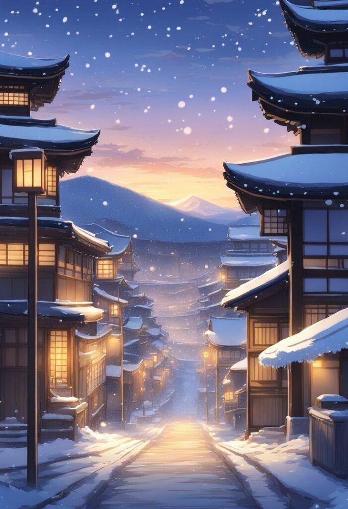Winter scene of a traditional Japanese street at dusk, snow falling gently under warm lantern lights.