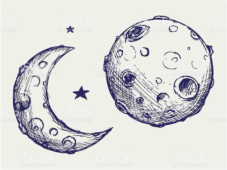 Hand-drawn crescent moon and full moon with stars, ink sketch on light background. Celestial illustration for space-themed designs.