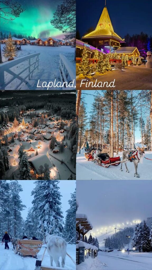 Winter scenes of Lapland, Finland with Northern Lights, snowy landscapes, and reindeer sleigh rides.
