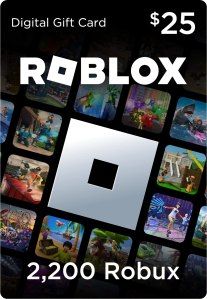 Roblox digital gift card showing  value and 2,200 Robux, featuring game visuals in a collage format.