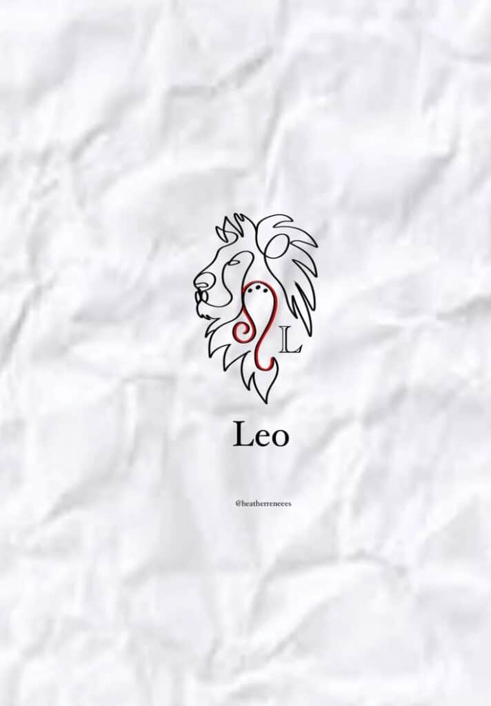 Line-art lion with red accents, symbolizing Leo zodiac sign on a textured white background.